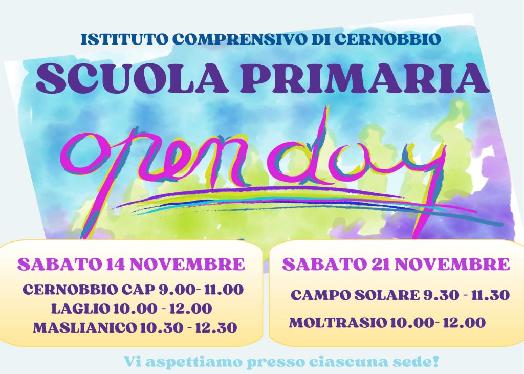 OPEN DAY DELLE SCUOLE PRIMARIE DI Cernobbio, Maslianico, Moltrasio, Laglio e Campo Solare